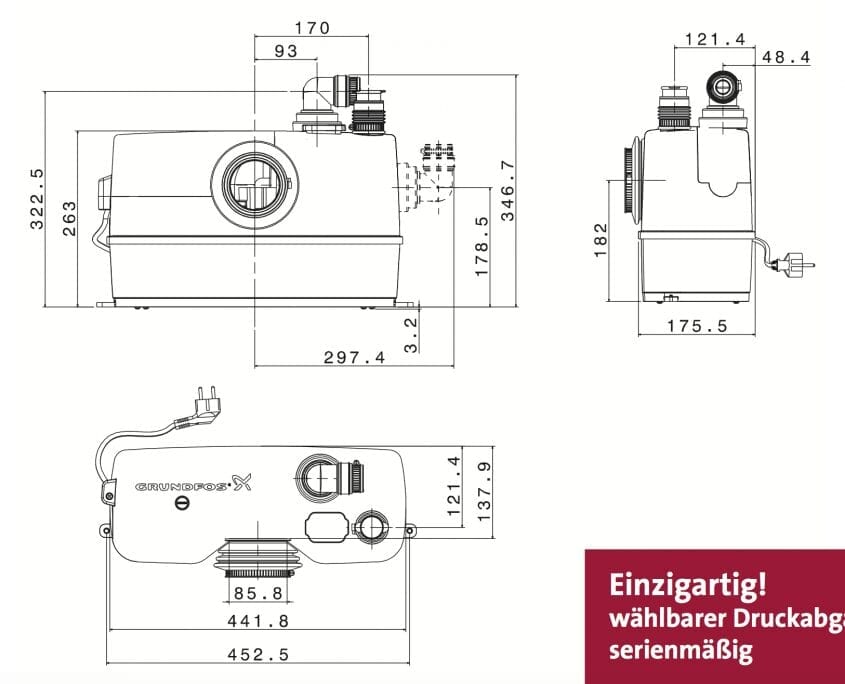 Grundfos Sololift 2 WC-1 Kleinhebeanlage Maße